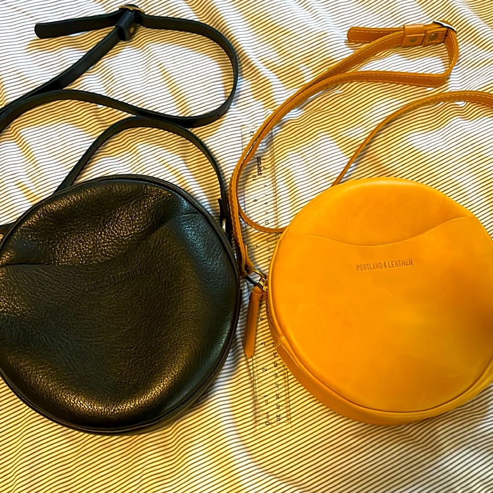 2 Portland Leather Circle Crossbody Bags Honey, Pebbled Black Leather Large